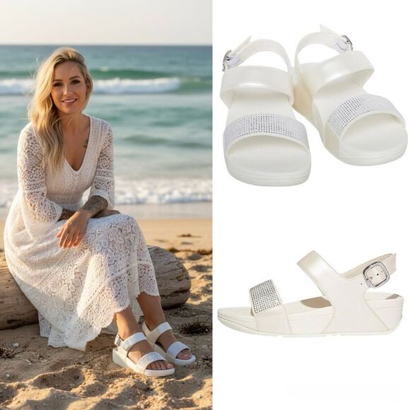 Fitflop Shoes - FitFlop Lulu Crystal Embellished Back-Strap Sandals in Crème Size 10
